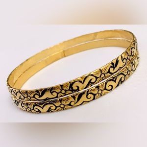 Two Etched Floral Gold Tome Black Enamel Bangle Bracelets